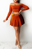 Orange Sexy Casual Patchwork Backless Off the Shoulder Long Sleeve Two Pieces (Without Waist Chain)