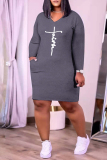 Grey Fashion Casual Print Basic V Neck Long Sleeve Plus Size Dresses