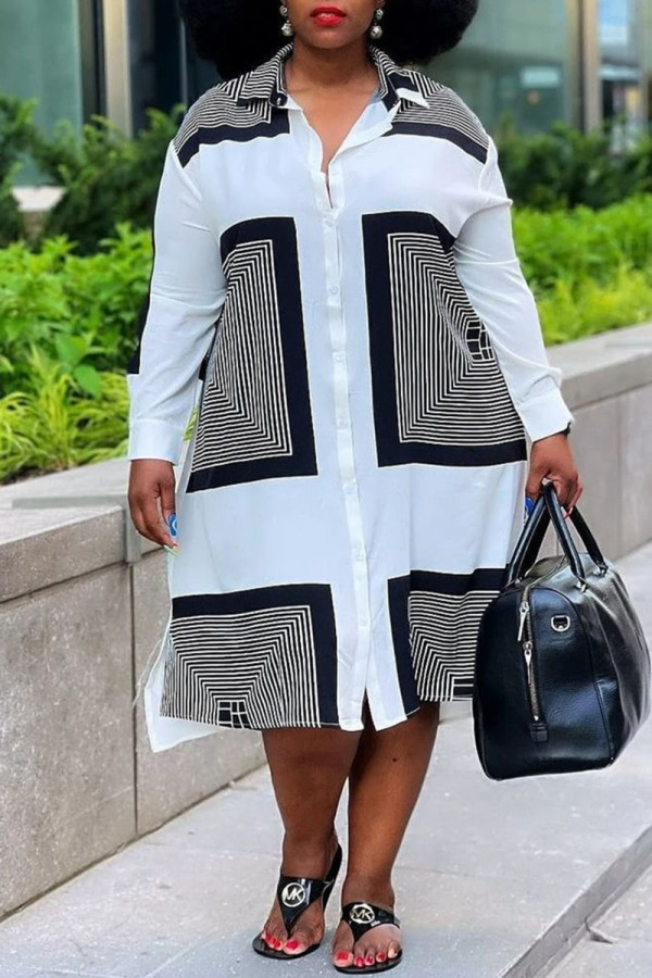 White Fashion Plus Size Casual Print Basic Turndown Collar Shirt Dress