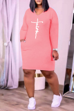 Pink Fashion Casual Print Basic V Neck Long Sleeve Plus Size Dresses