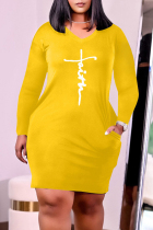 Yellow Fashion Casual Print Basic V Neck Long Sleeve Plus Size Dresses