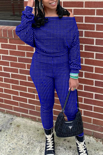 Blue Casual Plaid Patchwork Off the Shoulder Long Sleeve Two Pieces
