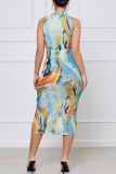 Colour Elegant Print Patchwork O Neck One Step Skirt Dresses