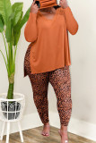 Red Fashion Casual Print Leopard Slit V Neck Plus Size Two Pieces