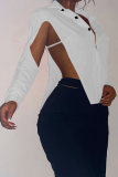Blue Sexy Solid Hollowed Out Turndown Collar Tops