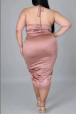 Pink Sexy Patchwork Frenulum Backless Fold Halter Plus Size Dresses