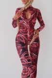 Rose Red Sexy Print Hollowed Out Patchwork Backless O Neck Skinny Jumpsuits