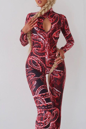 Rose Red Sexy Print Hollowed Out Split Joint Backless O Neck Skinny Jumpsuits
