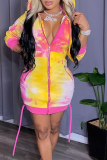 Yellow Sexy Patchwork Tie-dye Hooded Collar Pencil Skirt Dresses
