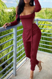 Burgundy Sexy Solid Patchwork Off the Shoulder Nine Points Sleeve Two Pieces