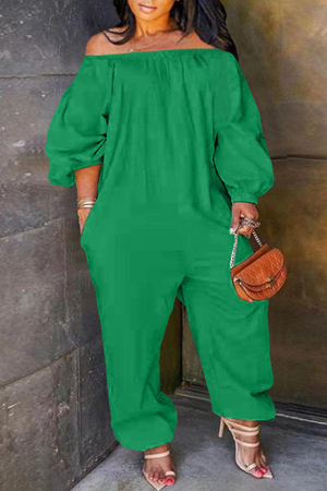 Green Fashion Casual Solid Basic Off the Shoulder Plus Size Jumpsuits (No Pocket)