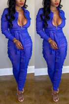 Blue Fashion Casual Long Sleeve Zip Jumpsuit