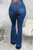 Dark Blue Street Ripped Patchwork High Waist Denim Jeans