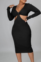 Black Sexy Solid Hollowed Out Patchwork V Neck Pencil Skirt Dresses