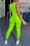 Fluorescent Green Fashion Sexy Sportswear Solid Patchwork O Neck Sleeveless Two Pieces
