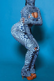 Blue Sexy Print Split Joint Turtleneck Long Sleeve Two Pieces