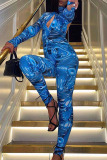 Blue Sexy Print Hollowed Out Patchwork Backless O Neck Skinny Jumpsuits