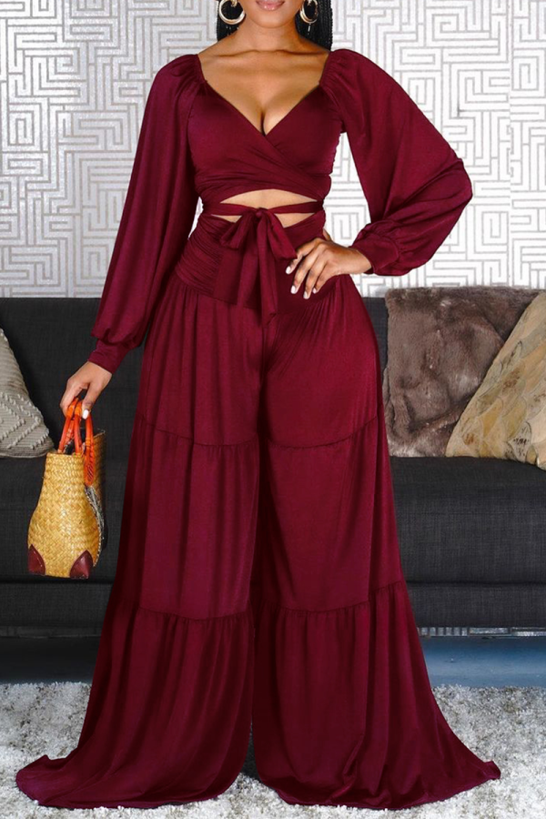 Burgundy Sexy Solid Hollowed Out V Neck Long Sleeve Two Pieces