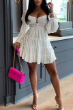 White Casual Solid Patchwork Square Collar Cake Skirt Dresses