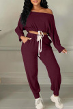 Coffee Sexy Solid Patchwork Draw String Off the Shoulder Long Sleeve Two Pieces
