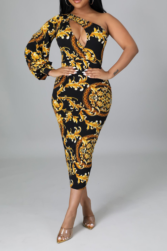 Black Sexy Print Patchwork One Shoulder Pencil Skirt Dresses