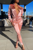 Pink Elegant Solid Hollowed Out Patchwork Frenulum Buckle Turndown Collar Long Sleeve Two Pieces