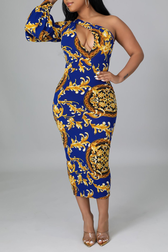 Blue Sexy Print Patchwork One Shoulder Pencil Skirt Dresses