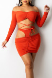 Tangerine Red Sexy Solid Hollowed Out Patchwork Frenulum Off the Shoulder Long Sleeve Two Pieces