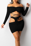 Black Sexy Solid Hollowed Out Patchwork Frenulum Off the Shoulder Long Sleeve Two Pieces