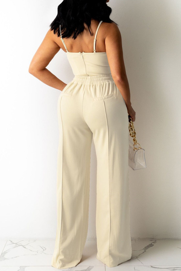 Elegant Solid Patchwork Pocket Backless Flounce Spaghetti Strap Sleeveless Two Pieces(3 Colors)