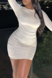 White Sexy Solid Bandage Backless O Neck Long Sleeve Dresses