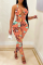 Orange Sexy Print Hollowed Out Halter Skinny Jumpsuits