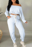 White Sexy Solid Patchwork Draw String Off the Shoulder Long Sleeve Two Pieces