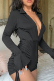 Black Sexy Solid Patchwork Turndown Collar Skinny Rompers