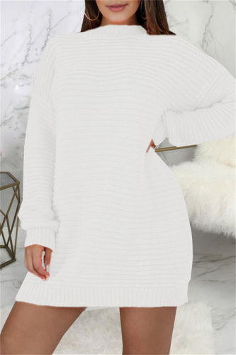 White Fashion Casual Solid Basic O Neck Long Sleeve Dresses