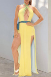 Yellow Sexy Gradual Change Hollowed Out Split Joint Backless High Opening Halter Straight Dresses