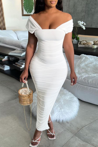 White Sexy Solid Patchwork Square Collar Pencil Skirt Dresses