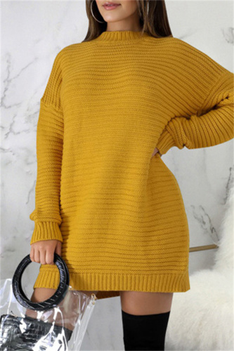 Yellow Fashion Casual Solid Basic O Neck Long Sleeve Dresses