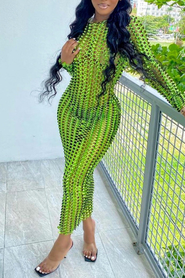 Green Fashion Sexy Solid Hollowed Out See-through O Neck Long Sleeve Dresses