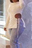 White Fashion Casual Solid Bandage Hollowed Out Turtleneck Tops