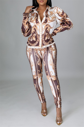 Light Coffee Fashion Casual Print Basic Turndown Collar Long Sleeve Two Pieces