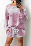 Blue Pink Casual Print Tie Dye Split Joint O Neck Long Sleeve Two Pieces