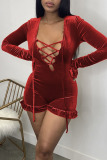 Red Sexy Solid Patchwork Frenulum V Neck Straight Jumpsuits