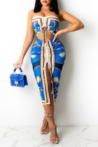Blue Sexy Print Split Joint Strapless Sleeveless Two Pieces