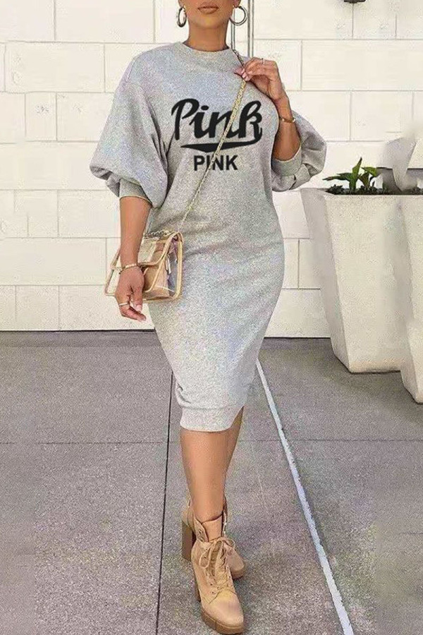 Grey Casual Letter Print Patchwork O Neck One Step Skirt Dresses