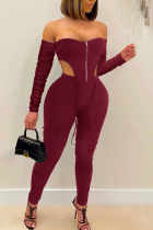 Burgundy Sexy Solid Hollowed Out Patchwork Fold Asymmetrical Zipper Strapless Long Sleeve Two Pieces