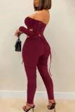 Burgundy Sexy Solid Hollowed Out Patchwork Fold Asymmetrical Zipper Strapless Long Sleeve Two Pieces