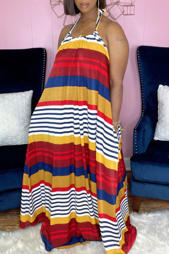 Red Blue Sexy Print Backless Halter A Line Dresses
