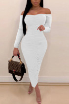 White Sexy Solid Split Joint Fold Off the Shoulder One Step Skirt Dresses