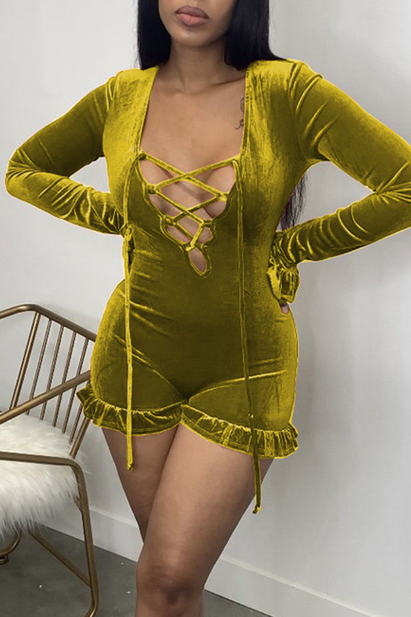 Yellow Sexy Solid Patchwork Frenulum V Neck Straight Jumpsuits